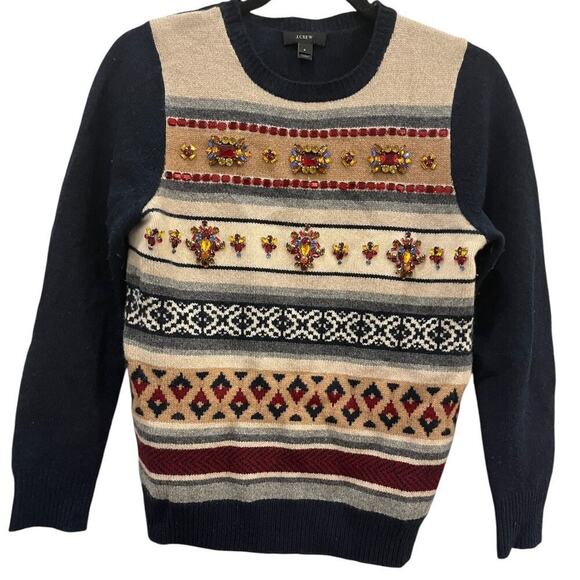 J. Crew Crystal Embellished Fair Isle Print Wool Sweater Size Small - Picture 1 of 4